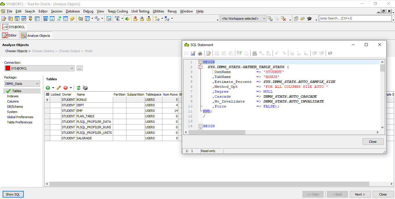 Toad for Oracle Analyze Objects