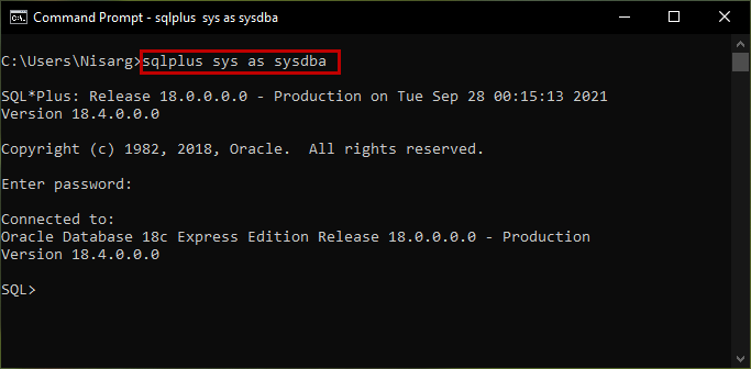 Connect as sysDBA