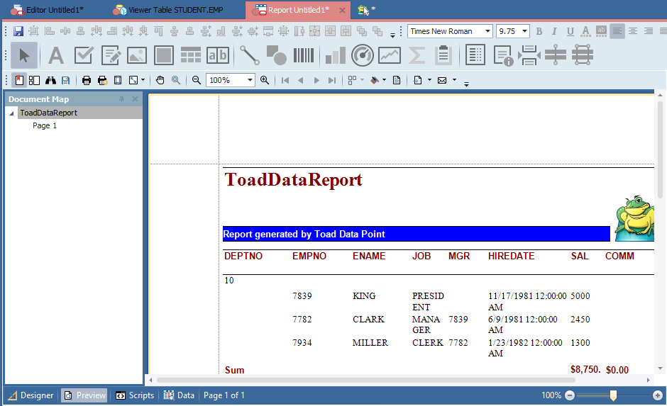 Report output in Toad Data Point