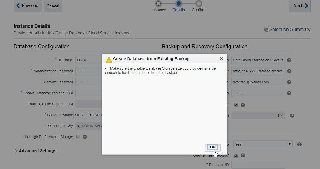 Figure 4. Create Database from Existing Backup Confirmation