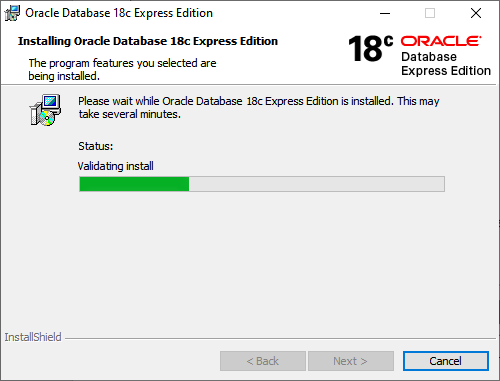 Begin the installation of Oracle 18c Express edition database