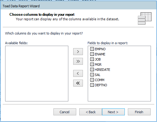 Column selection in Toad Data Point Report Wizard