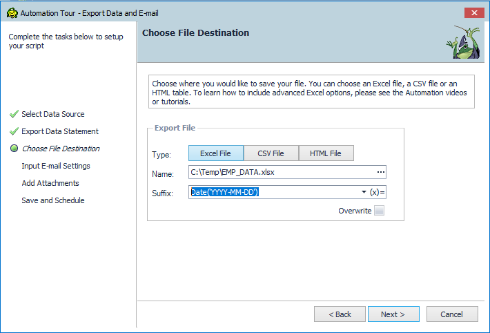 Choosing the data export destination in the Toad Data Point Automation Wizard