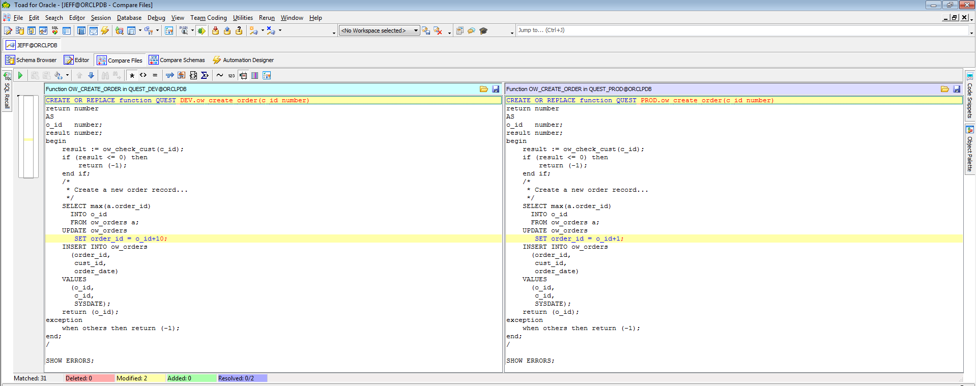 Screen shot of comparing and syncing database changes from one environment to another.