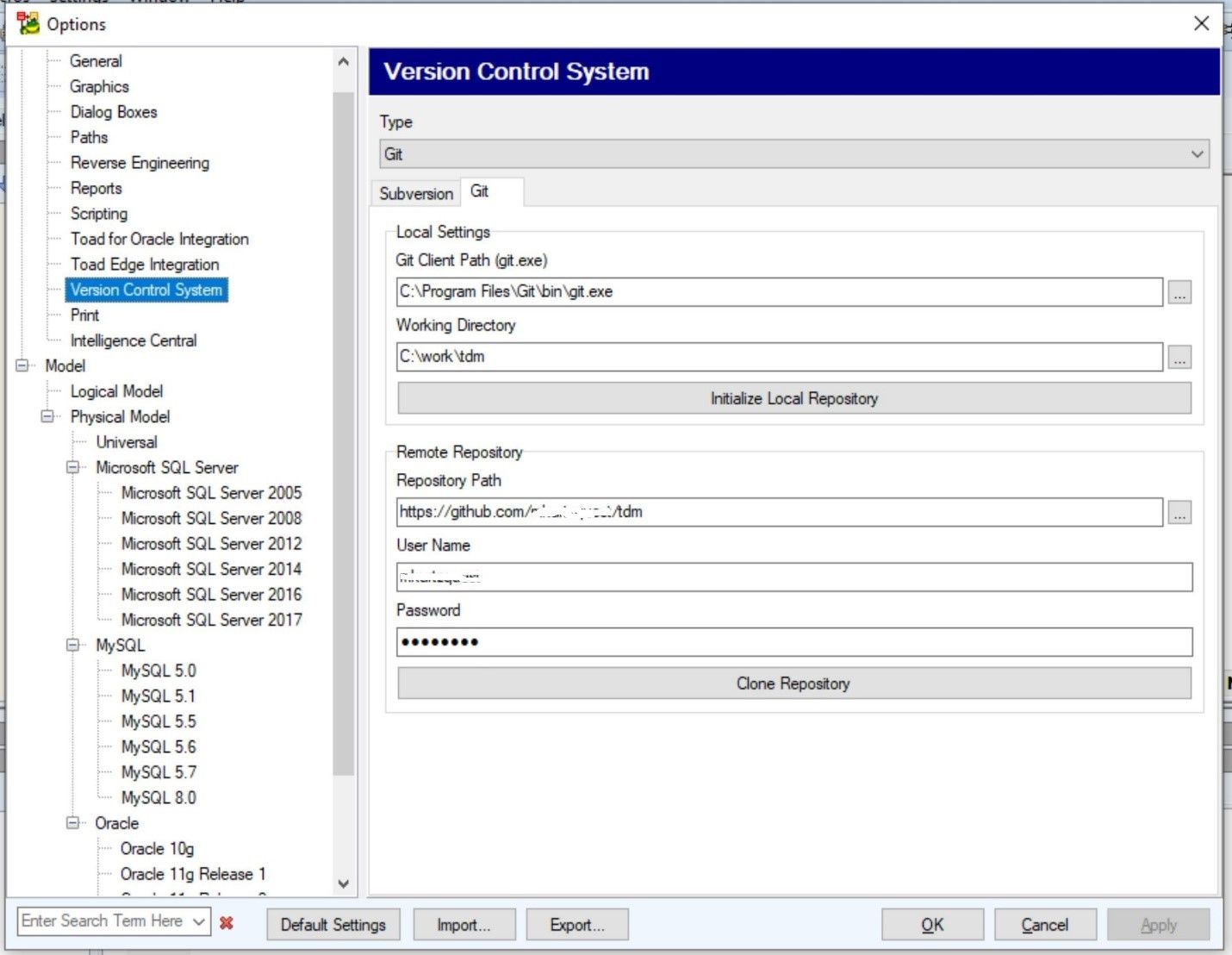 Screen shot of The Toad Data Modeler options page, where you configure your VCS options.)