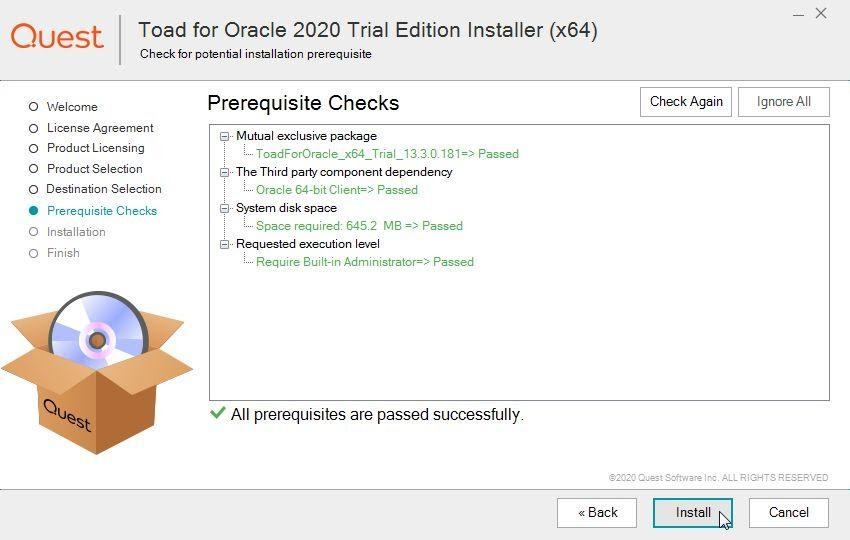 Toad for Oracle prerequite checks.