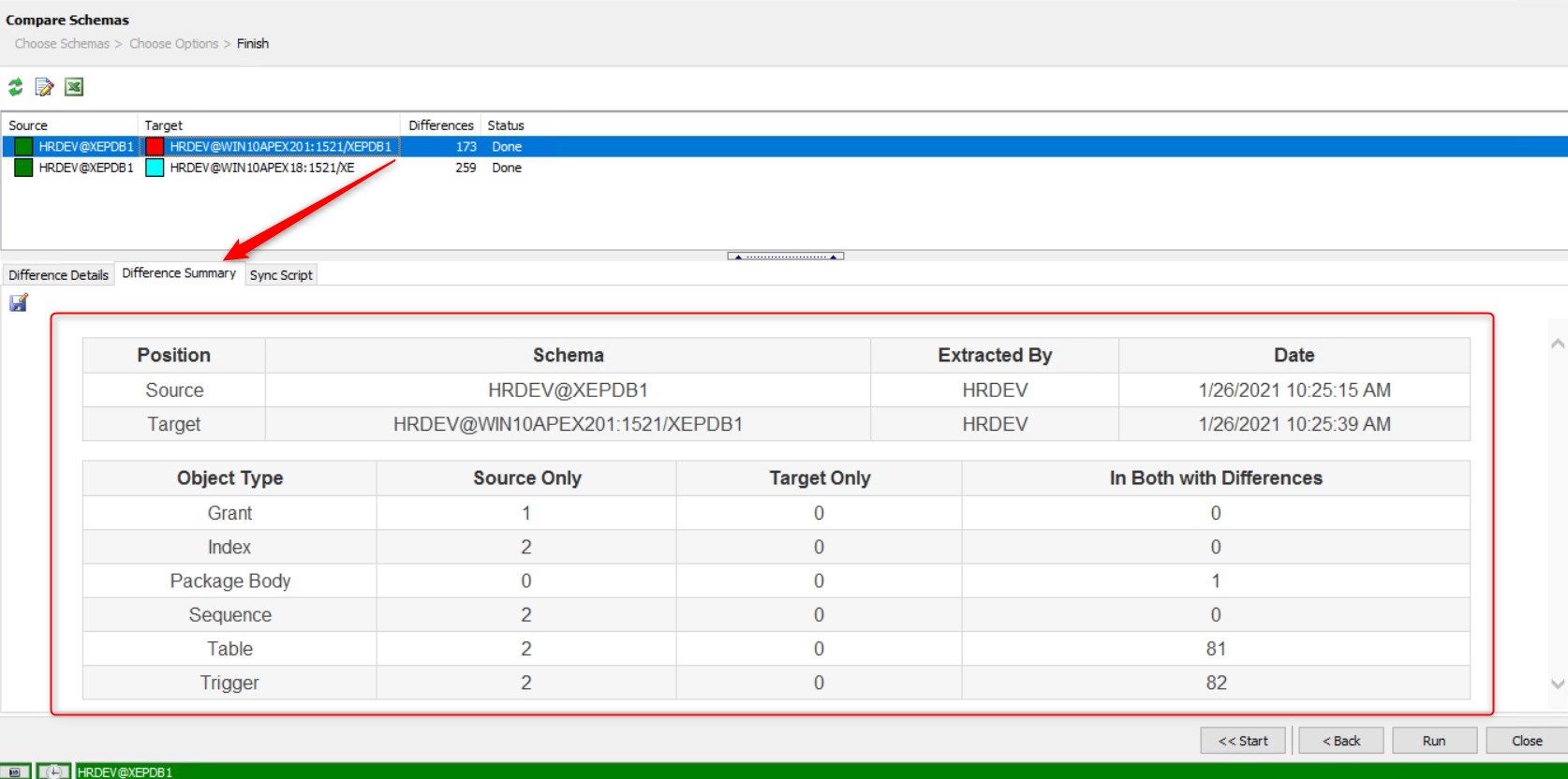 Figure 11: Compare Schemas – Difference Summary Tab for XEPDB1 database target schema