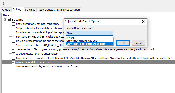 Database health check settings panel